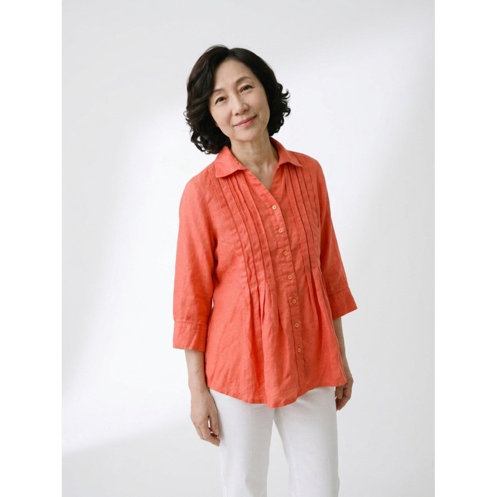 COLDWATER CREEK 100% Linen Pintuck Tunic Sz M Petite 3/4 Sleeve Lagenlook Resort